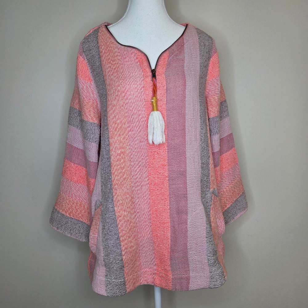 Soft Surroundings Striped Tassel Zip Tunic Sweater Coral Pink Womens Medium
